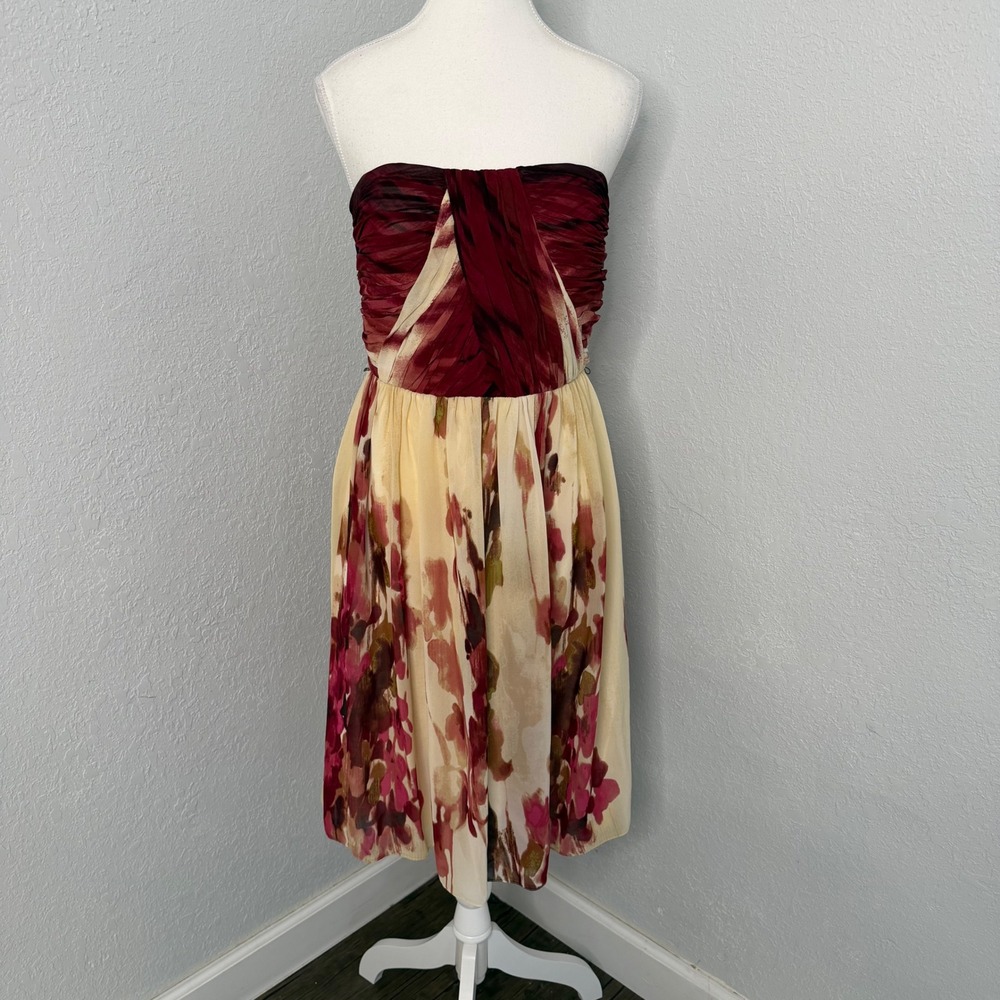 Donna Morgan Strapless Ruched Floral Cocktail Dress Burgundy Cream‎ Size 8